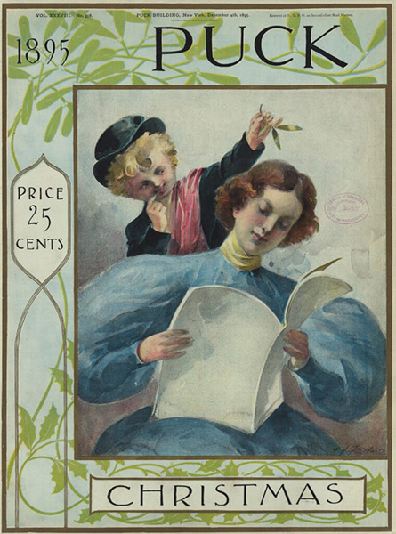 1895 Christmas card for 25 cents showing a woman reading the paper and a man holding mistletoe over her head.